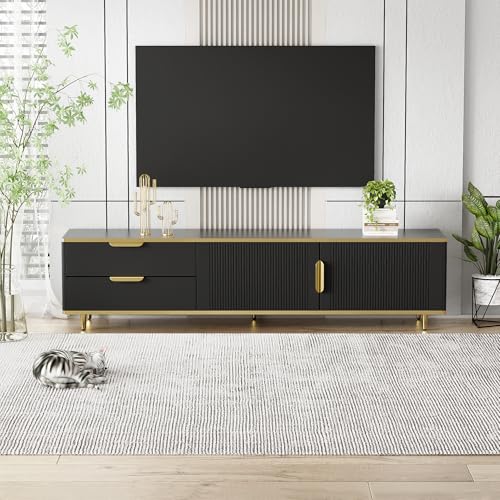 TV-Schrank mit 2 Türen 2 Schubladen niedriger Teller Goldenen Griffen und Füßen TV-Ständer mit geschnitzter Textur TV Möbel Tisch Board Marmorstruktur Sideboard Schwarz von Generic