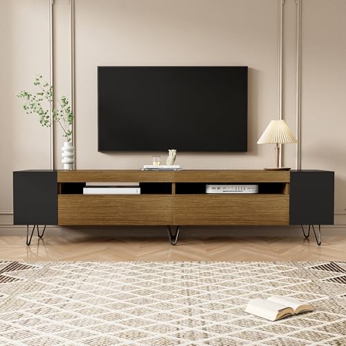 TV-Schrank mit Holzoptik – Modernes Lowboard mit offenen Seitenfächern, stabilem Gestell aus MDF & PB, Eisenfüßen, Elegantes Design für Wohnzimmer und Mediengeräte von Generic