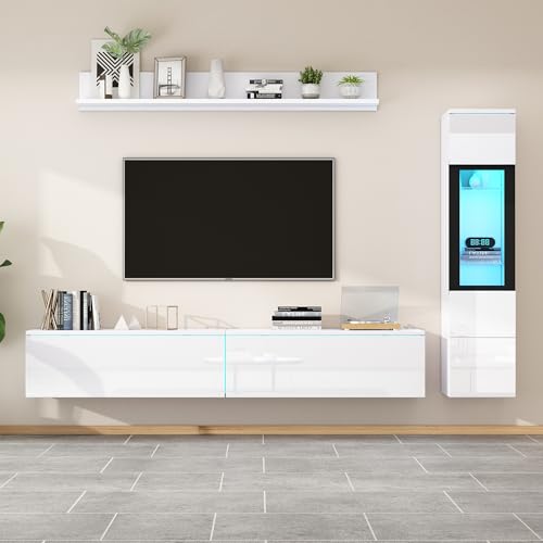 TV Wohnwand Set 3-teilig Hochglanz TV-Schrank mit LED Beleuchtung Frontale Wohnwand Wohnzimmer Möbel Set 1 x TV-Ständer 1 x Wohnzimmer Vitrine 1 x Hängeregal Weiß70-79 Zoll von Generic