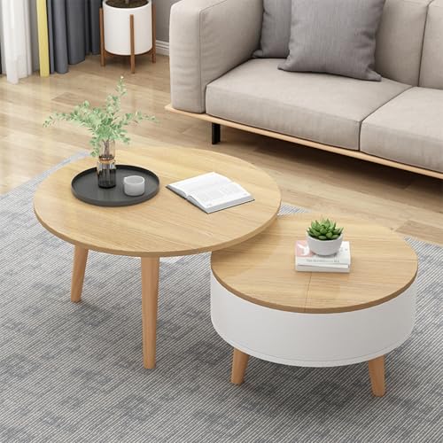 Table Basse Ronde En Bois Massif Avec Rangement – Lot De 2 Tables De Salon Style Campagnard Moderne, Pieds Robustes, Facile À Monter – Idéal Pour Petit Espace, Chambre Ou Salon(Original Wood Color) von OAKVYNE