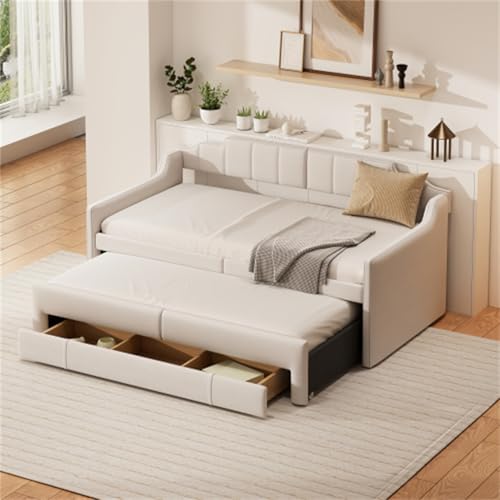 Tagesbett 90 X 200 cm (190 cm) Mit Ausziehbares Bett Einzel Schlafsofa Mit Rollcontainer Und Schubladen Stauraum Gästebett Für Wohnzimmer Jugendbett Ohne Matratze Beige von Generic