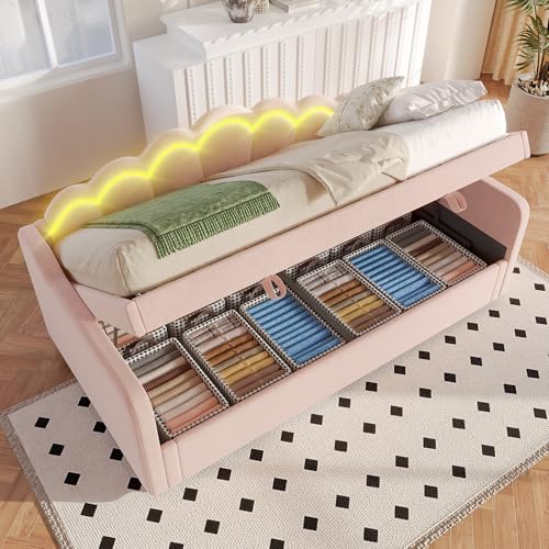 Tagesbett Schlafsofa Hydraulisch Bett mit Stauraum Einzelbett Samt mit Farbwechselbarer LED-Streifen 90x200cm Funktionsbett Bettgestell,Rosa (Ohne Matratze) von Generic
