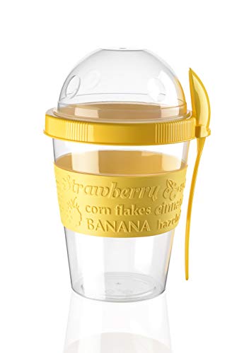 Take 'n' Go 600 ml | Joghurt | Granola | Müsli | Müsli | Topf mit Löffel und Löffelhalter (BPA-frei/auslaufsicher/spülmaschinenfest) (gelb) von Generic