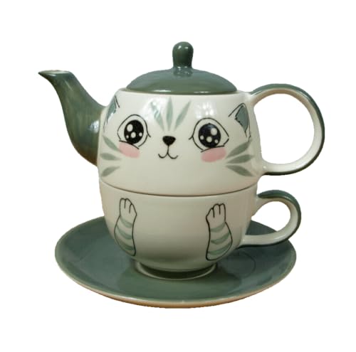 Teekanne Kanne Tasse Keramik Tea for One Katze Katzengesicht Manga-Stil von Generic