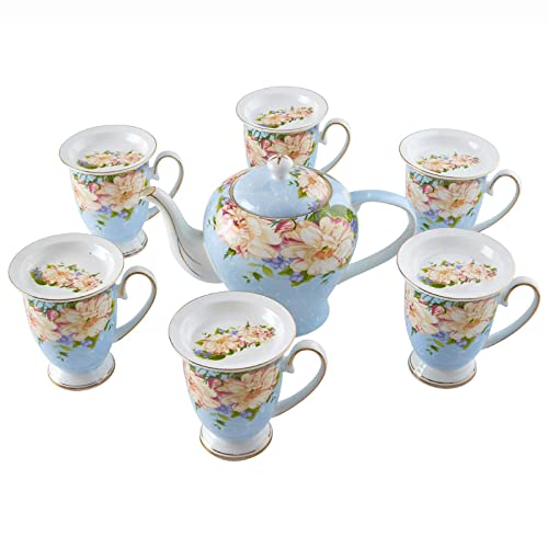 Teeservice im Hofstil für Erwachsene, Tassen aus Bone China, rosa, Teekanne mit 6 Teetassen, Kaffeetassen mit großem Fassungsvermögen für Nachmittagstee und Kaffee, blau Teeservice im Hofstil für Erwachsene, Tassen aus Bone China, rosa, Teekanne mit 6 Teetassen, Kaffeetassen mit großem Fassungsvermögen für Nachmittagstee und Kaffee, blau von Generic