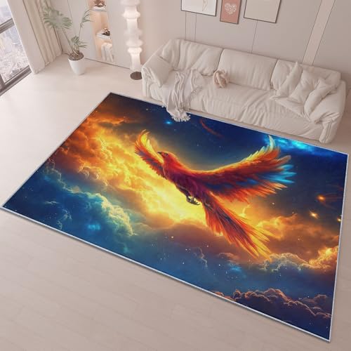 Teppich 140 X 200 cm Fantasy Phönix Sternenhimmel Kurzflor Für Wohnzimmer, Schlafzimmer Und Flur – rutschfest, Wasserabweisend & Maschinenwaschbar, Modernes Design Rot Blau von Generic