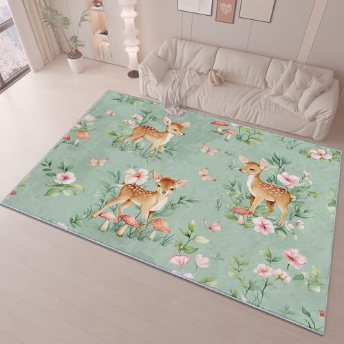 Teppich 140 X 200 cm Natur Hirsch Schmetterling Rosa Grün – Weich & Flauschig, Waschbar, Fusselarm & rutschfest – Kurzflor Flanell Teppich, Pflegeleicht – Für Schlafzimmer, Wohnzimmer, Flur Teppich 140 X 200 cm Natur Hirsch Schmetterling Rosa Grün – Weich & Flauschig, Waschbar, Fusselarm & rutschfest – Kurzflor Flanell Teppich, Pflegeleicht – Für Schlafzimmer, Wohnzimmer, Flur von Generic
