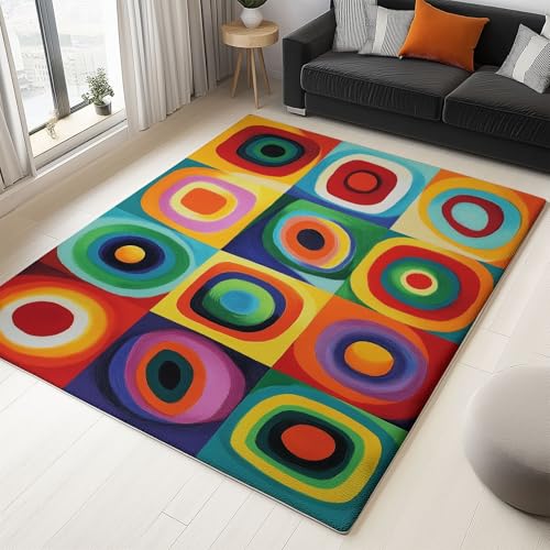 Teppich 140 x 200 cm rutschfest Wohnzimmer Schlafzimmer, Bunt Flanell Teppiche Superweicher Leicht Zu Reinigen, Cartoon Geometrie Kreise Teppich Heimdekoration Waschraum Fußmatte von Generic