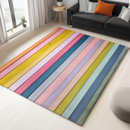 Teppich 140 x 200 cm rutschfest Wohnzimmer Schlafzimmer, Bunt Flanell Teppiche Superweicher Leicht Zu Reinigen, Einfach Künstlerisch Streifen Teppich Heimdekoration Waschraum Fußmatte von Generic
