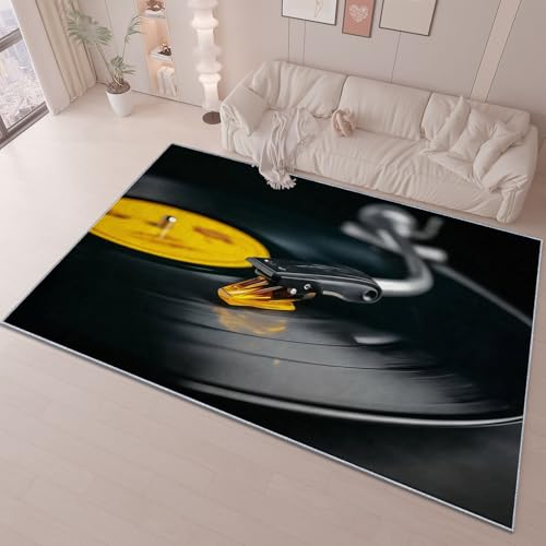 Teppich 140 x 200 cm rutschfest Wohnzimmer Schlafzimmer, Schwarz Gelb Flanell Teppiche Superweicher Leicht Zu Reinigen, Fotografie Nahaufnahme Schallplatte Heimdekoration Waschraum Fußmatte von Generic