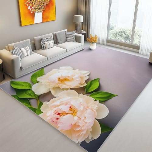 Teppich 160 x 230 cm rutschfest Teppiche, Einfach Blumen Pfingstrose Teppiche für Dekoration, Schlafzimmer Kinderzimmer Wohnzimmer Kurzflor Teppich Bunt Flanell Kinderteppiche von Generic