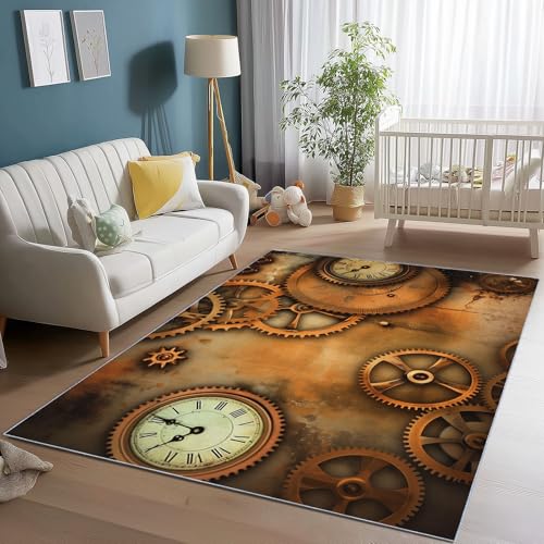 Teppich 160 x 230 cm rutschfest Teppiche, Retro Industrielle Elemente Zahnräder Uhr Teppiche für Dekoration, Schlafzimmer Kinderzimmer Wohnzimmer Kurzflor Teppich Bunt Flanell Kinderteppiche von Generic