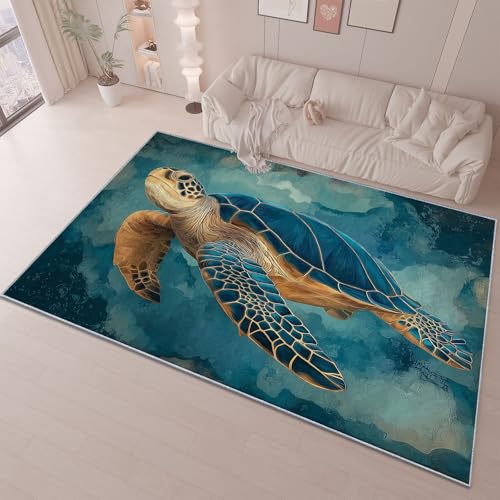Teppich 160 x 230 cm rutschfest Wohnzimmer Schlafzimmer, Blaugrün Flanell Teppiche Superweicher Leicht Zu Reinigen, Tier Malerei Schildkröte Heimdekoration Waschraum Fußmatte von Generic