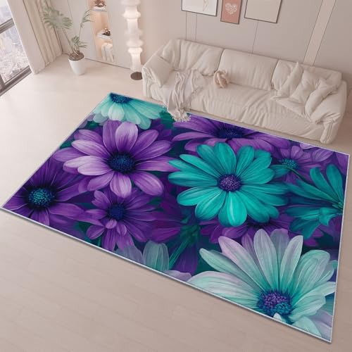 Teppich 160 x 230 cm rutschfest Wohnzimmer Schlafzimmer, Lila Cyan Flanell Teppiche Superweicher Leicht Zu Reinigen, Fantasie Blumen Gänseblümchen Heimdekoration Waschraum Fußmatte von Generic