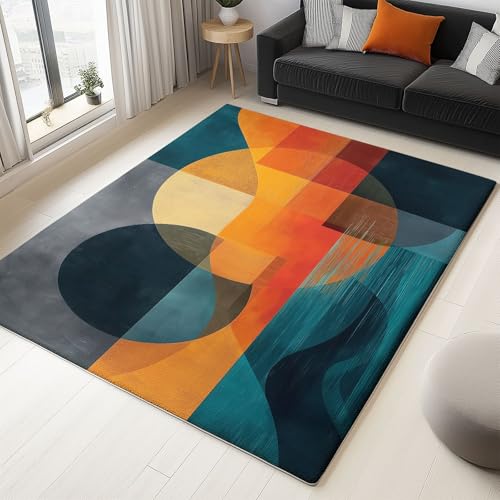 Teppich 160 x 230 cm rutschfest Wohnzimmer Schlafzimmer, Orange Grau Flanell Teppiche Superweicher Leicht Zu Reinigen, Abstrakt Illustration Geometrie Teppich Heimdekoration Waschraum Fußmatte von Generic