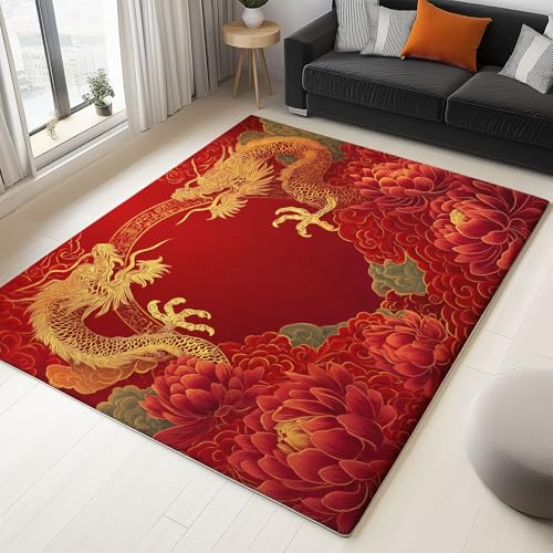 Teppich 160 x 230 cm rutschfest Wohnzimmer Schlafzimmer, Rot Flanell Teppiche Superweicher Leicht Zu Reinigen, Chinesisch Lotus Drache Teppich Heimdekoration Waschraum Fußmatte von Generic