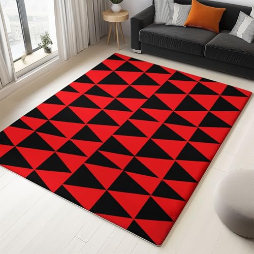 Teppich 80 x 150 cm rutschfest Wohnzimmer Schlafzimmer, Schwarz Rot Flanell Teppiche Superweicher Leicht Zu Reinigen, Abstrakt Design Geometrie Teppich Heimdekoration Waschraum Fußmatte von Generic