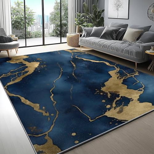 Teppich Abstrakt Marmor Aquarell Thema für Eingang Flur Korridor, Waschbar Superfeiner Kaschmir rutschfest Wohnzimmerteppich 100 x 150 cm, Weich Kurzflor Fußmatten Dunkelblau Gold von Generic