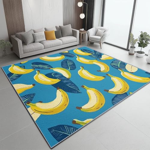 Teppich Banane Tropische Frucht Kindlich Teppich WohnzimmerModerner Kurzflor Schlafzimmer Waschbar rutschfest Design 60 x 110 cm für Esszimmer Büro Bereich Dekor Schwarz Gelb-Blaue Blätter von Generic