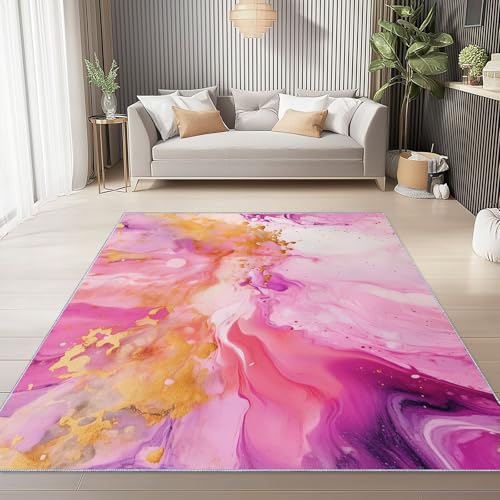 Teppich Bedruckter Abstrakte Marmorwirbel Muster, Teppich Weich Kurzflor Waschbar rutschfest Wohnzimmer Schlafzimmer Büro Home Modern Design 80 x 150 cm, Rosa Gold von Generic