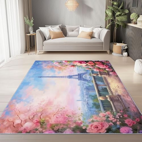 Teppich Bedruckter Fantasieblumen Turm Muster, Teppich Weich Kurzflor Waschbar rutschfest Wohnzimmer Schlafzimmer Büro Home Modern Design 140 x 200 cm, Rosa Blau von Generic