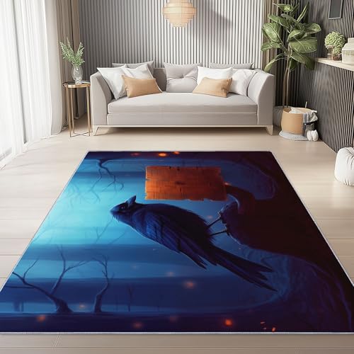 Teppich Bedruckter Fantasy Krähe Dschungel Muster, Teppich Weich Kurzflor Waschbar rutschfest Wohnzimmer Schlafzimmer Büro Home Modern Design 120 x 180 cm, Dunkelblau von Generic
