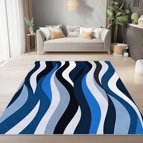 Teppich Bedruckter Minimalistische Wellenstreifen Muster, Teppich Weich Kurzflor Waschbar rutschfest Wohnzimmer Schlafzimmer Büro Home Modern Design 140 x 200 cm, Schwarz Blau von Generic