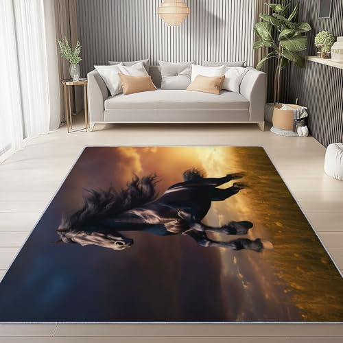 Teppich Bedruckter Naturwiese Schwarzes Pferd Muster, Teppich Weich Kurzflor Waschbar rutschfest Wohnzimmer Schlafzimmer Büro Home Modern Design 80 x 150 cm, Gold von Generic