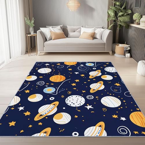 Teppich Bedruckter Niedliche Cartoon-Sterne Galaxie Muster, Teppich Weich Kurzflor Waschbar rutschfest Wohnzimmer Schlafzimmer Büro Home Modern Design 160 x 230 cm, Dunkelblau von Generic