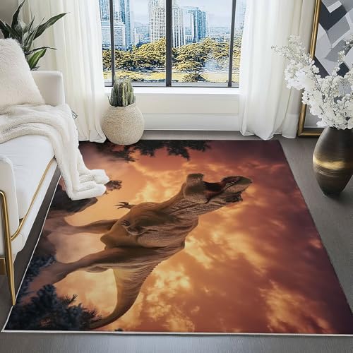 Teppich Dinosaurier Realismus Prähistorische Natur weicher Kurzflor,für Wohnzimmer, Schlafzimmer,Antibakteriell Antirutschunterlage Klassische und Orange Braun Bedruckt 160 x 230 cm von Generic