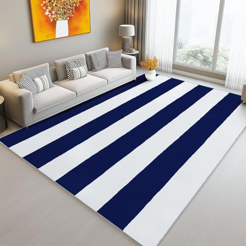 Teppich Einfach Horizontale Linien Textur Bedruckter Mikrofaser Waschbarer Kurzflor Wohnzimmerteppich 160 x 230 cm rutschfest Schlafzimmer Indoor-Dekorative Kind Teppiche Marineblau Weiß von Generic