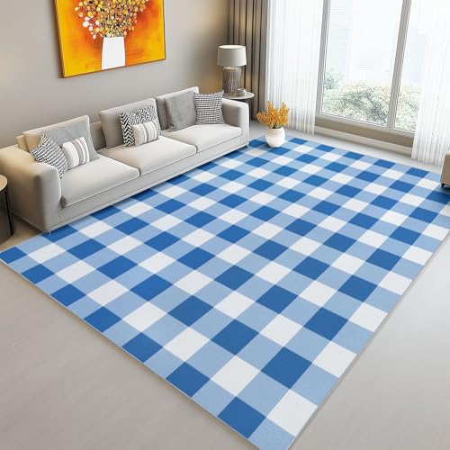 Teppich Einfach Karomuster Streifen Bedruckter Mikrofaser Waschbarer Kurzflor Wohnzimmerteppich 160 x 230 cm rutschfest Schlafzimmer Indoor-Dekorative Kind Teppiche Hellblau Weiß von Generic