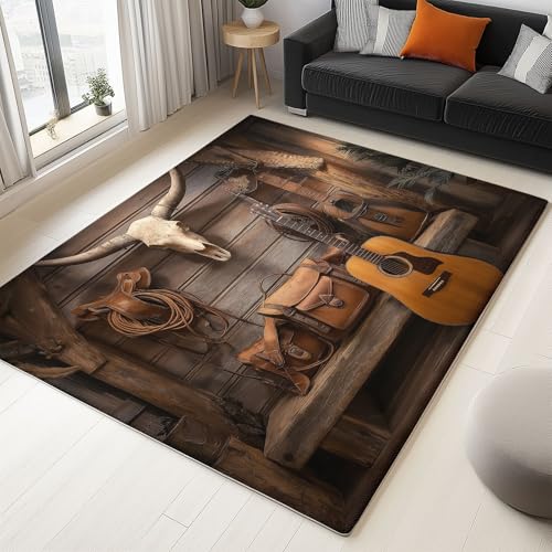 Teppich Flanell 100 X 150 cm Retro-Amerikanischer Stil Gitarre Kuhschädel Design, Kurzflor & Flauschig Waschbar rutschfest Weich,Teppich Für Schlafzimmer Esszimmer Wohnzimmer, Braun Beige von Generic