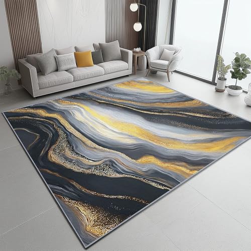 Teppich Flanell 140 X 200 cm Abstrakt Goldenes Fließend Design, Kurzflor & Flauschig Waschbar rutschfest Weich & Hautfreundlich, Teppich Für Schlafzimmer Esszimmer Wohnzimmer, Schwarz Gold von Generic