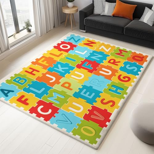 Teppich Flanell 140 X 200 cm Cartoon Puzzle Buchstaben Design, Kurzflor & Flauschig, Waschbar, rutschfest, Weich & Hautfreundlich, Teppich Für Schlafzimmer, Esszimmer, Wohnzimmer, Rot Gelb von Generic