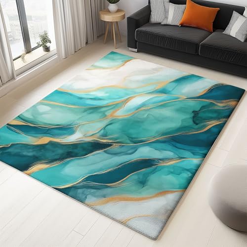 Teppich Flanell 140 X 200 cm Leichter Luxus Goldmuster Marmor Design, Kurzflor & Flauschig, Waschbar, rutschfest, Weich & Hautfreundlich, Teppich Für Schlafzimmer, Esszimmer, Wohnzimmer, Cyan Gold Teppich Flanell 140 X 200 cm Leichter Luxus Goldmuster Marmor Design, Kurzflor & Flauschig, Waschbar, rutschfest, Weich & Hautfreundlich, Teppich Für Schlafzimmer, Esszimmer, Wohnzimmer, Cyan Gold von Generic