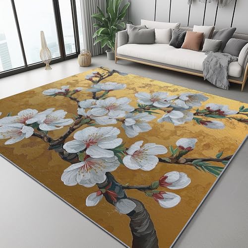 Teppich Flanell 160 X 230 cm Japanischer Stil Goldmuster Kirschblüten Design, Kurzflor & Flauschig Waschbar rutschfest Weich,Teppich Für Schlafzimmer Esszimmer Wohnzimmer, Weiß Gold Teppich Flanell 160 X 230 cm Japanischer Stil Goldmuster Kirschblüten Design, Kurzflor & Flauschig Waschbar rutschfest Weich,Teppich Für Schlafzimmer Esszimmer Wohnzimmer, Weiß Gold von Generic