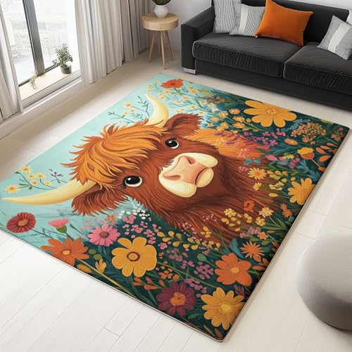 Teppich Flanell 160 X 230 cm Natur Wildblumen Hochlandrinder Design, Kurzflor & Flauschig Waschbar rutschfest Weich & Hautfreundlich, Teppich Für Schlafzimmer Esszimmer Wohnzimmer, Braun Bunt von Generic