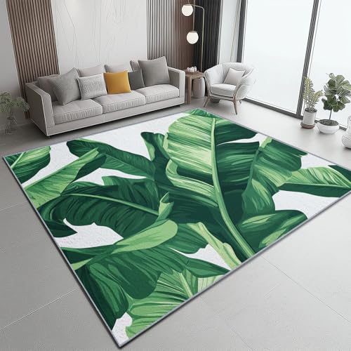 Teppich Grüne Blätter natürlich und frisch Teppich WohnzimmerModerner Kurzflor Schlafzimmer Waschbar rutschfest Design 140 x 200 cm für Esszimmer Büro Bereich Dekor Schwarz Grün und Weiß Tropisch von Generic