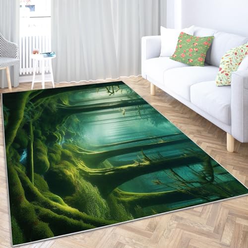 Teppich Grüne Dschungellandschaft 160x230 cm Wohnzimmer Teppich Schlafzimmer Teppich Modern Waschbarer Kurzflor Teppiche rutschfest Flauschig Weiche Teppiche von Generic