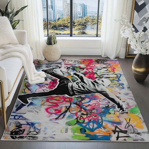 Teppich Kurzflor 120 x 180 cm Faltbar Rutschfester Waschbar Teppiche Hip-Hop-Stil Streetdance-Graffiti Muster für Innenbereich Küche Wohnzimmer Schlafzimmer Kinderzimmer, Bunt von Generic