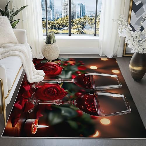 Teppich Kurzflor 120 x 180 cm Faltbar Rutschfester Waschbar Teppiche Moderne Romantik Weinglas Rose Muster für Innenbereich Küche Wohnzimmer Schlafzimmer Kinderzimmer, Rot von Generic