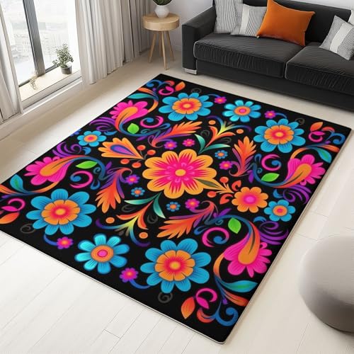 Teppich Kurzflor Waschbar 140 x 200 cm - Weich Teppich für Wohnzimmer, Schlafzimmer, Esszimmer – Teppiche Traditionelle Mexikanische Blumen Muster, Bunt von Generic