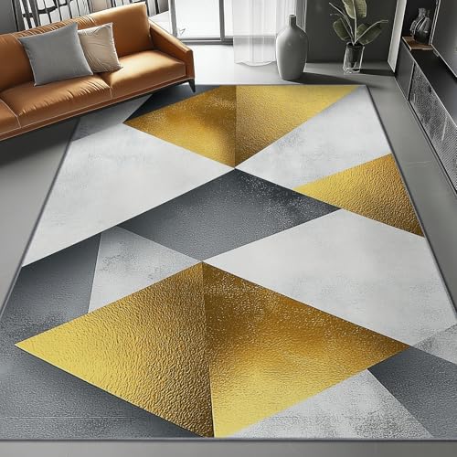 Teppich Kurzflor Waschbar Moderne Abstrakte Dreiecke Muster, Teppiche für Wohnzimmer Schlafzimmer Esszimmer rutschfeste weiche Teppich-Bodenmatte 80 x 150 cm, Gold Silber von Generic