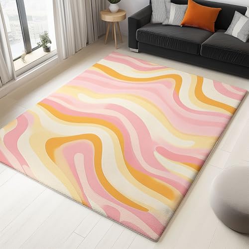 Teppich Kurzflor Wohnzimmer Rosa Orange Design Abstrakte Modewellen Muster Design Weich Teppich für Schlafzimmer, Esszimmer mit 3D-Optik - Flachflor Bodenbelag Deko 120 x 180 cm von Generic