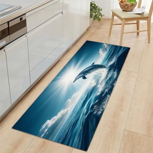 Teppich Läufer Springender Delphin Rutschfestes Küchenmatten 60x180 cm, Blau Teppiche Waschbare Gummiunterlage Fußmatte, Mikrofaser Eingangsbereich Flur Teppich von Generic