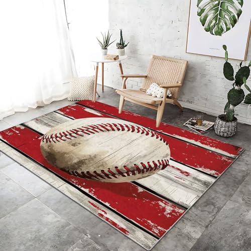 Teppich Moderner Bett für Schlafzimmer 120 x 170 cm Baseball Vintage Used-Look Holz Waschbarer Kurzflor Weicher rutschfest Teppiche für Wohnzimmer Büro Bereich Esszimmer Küche, Rot Weiß Teppich Moderner Bett für Schlafzimmer 120 x 170 cm Baseball Vintage Used-Look Holz Waschbarer Kurzflor Weicher rutschfest Teppiche für Wohnzimmer Büro Bereich Esszimmer Küche, Rot Weiß von Generic