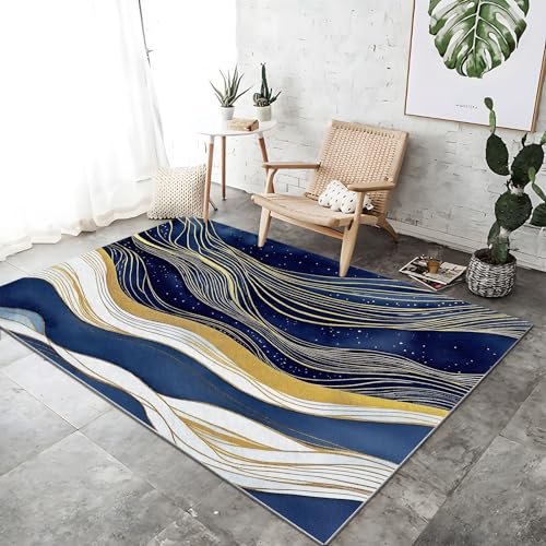 Teppich Moderner Bett für Schlafzimmer 50 x 80 cm Aquarell Linien Wellen Sterne Waschbarer Kurzflor Weicher rutschfest Teppiche für Wohnzimmer Büro Bereich Esszimmer Küche, Dunkelblau Gold Teppich Moderner Bett für Schlafzimmer 50 x 80 cm Aquarell Linien Wellen Sterne Waschbarer Kurzflor Weicher rutschfest Teppiche für Wohnzimmer Büro Bereich Esszimmer Küche, Dunkelblau Gold von Generic