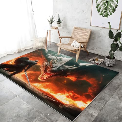 Teppich Moderner Bett für Schlafzimmer 60 x 110 cm Filmstil Ritter Drache Flamme Waschbarer Kurzflor Weicher rutschfest Teppiche für Wohnzimmer Büro Bereich Esszimmer Küche, Rot Grau von Generic
