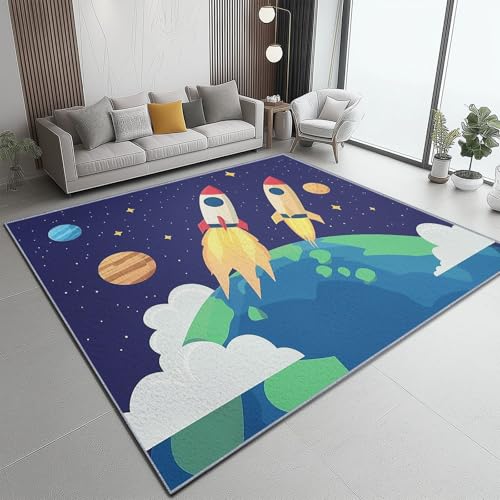 Teppich Rakete Universum Kindliche Science Fiction Fantasy Teppich WohnzimmerModerner Kurzflor Schlafzimmer Waschbar rutschfest Design 180 x 250 cm für Esszimmer Dekor Schwarz Blau Lila Bunt von Generic